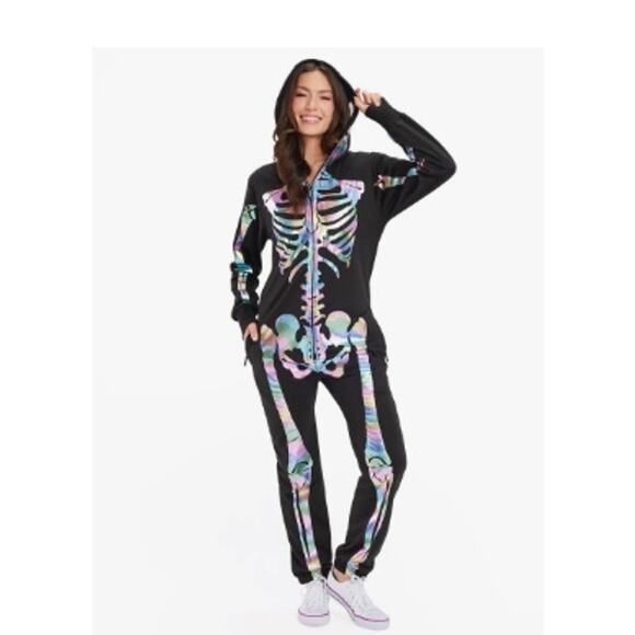 Tipsy Elves Wm's Iridescent Skeleton Bodysuit Hood Halloween Costume Sz XS - Picture 2 of 2